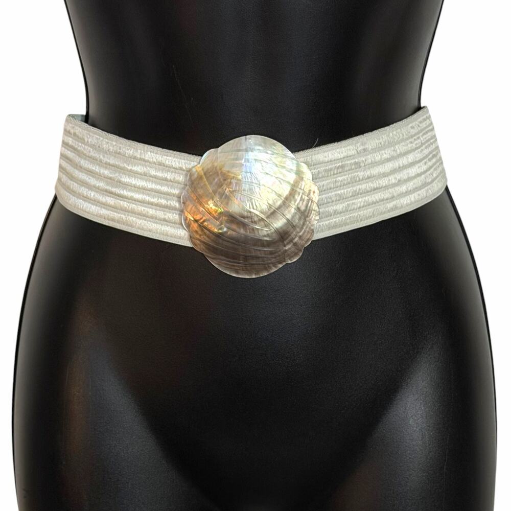 Vtg 80s 90s Wide Stretch Belt Mother Of Pearl Shell Buckle Retro Cinch White S M